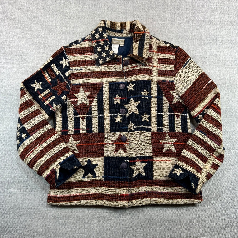 Vintage Coldwater Creek Americana USA Tapestry Jacket Women S Stars Stripes